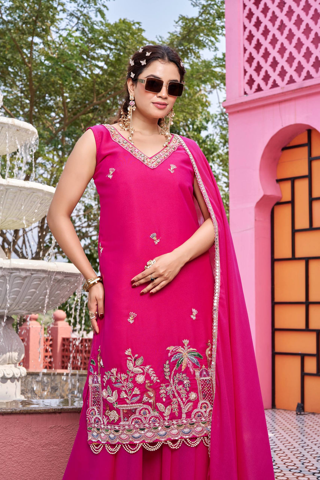 Rani Pink Designer Kurti Plazzo Set with Dupatta [3 PCS]