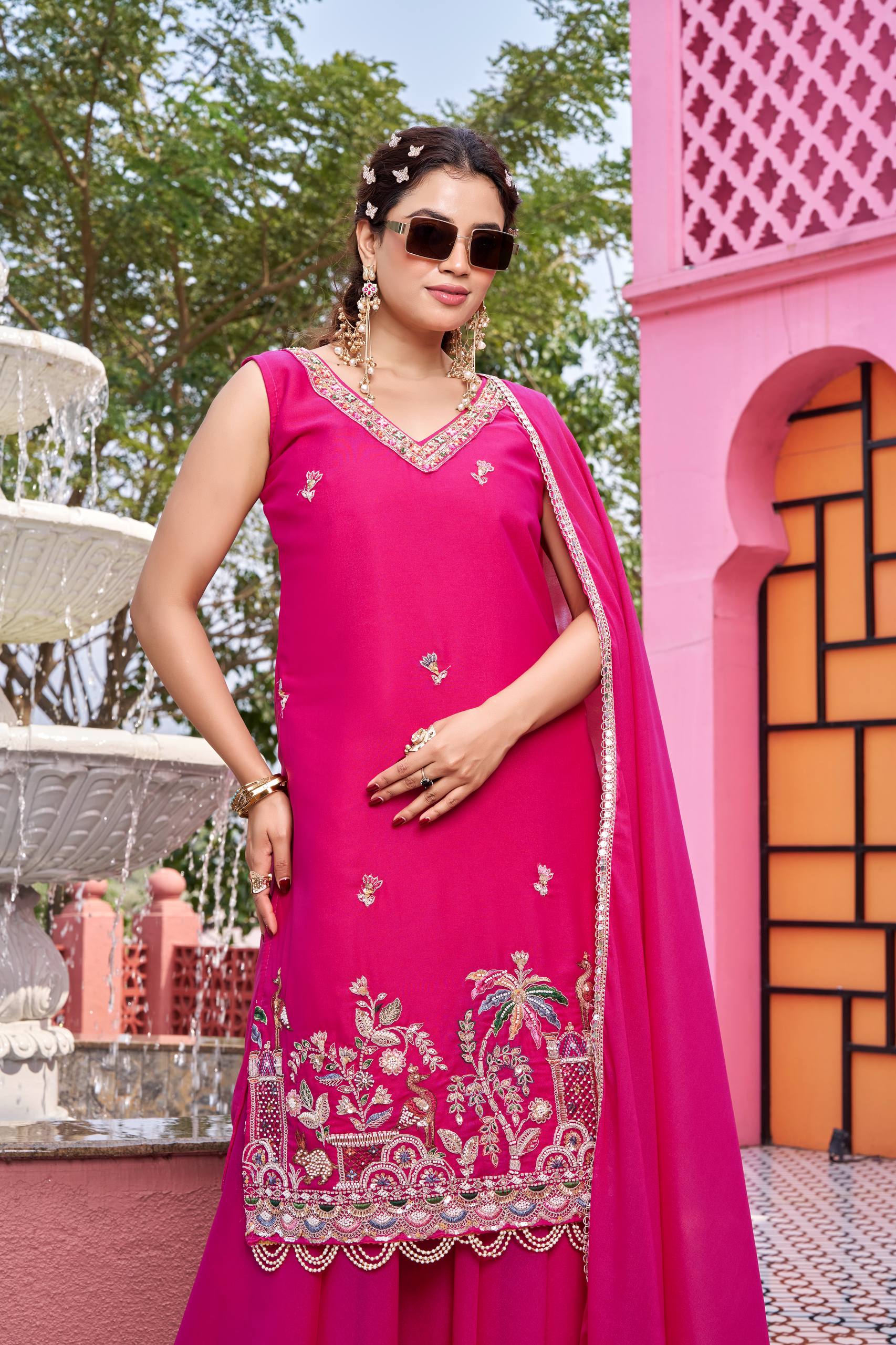 Rani Pink Designer Kurti Plazzo Set with Dupatta [3 PCS]