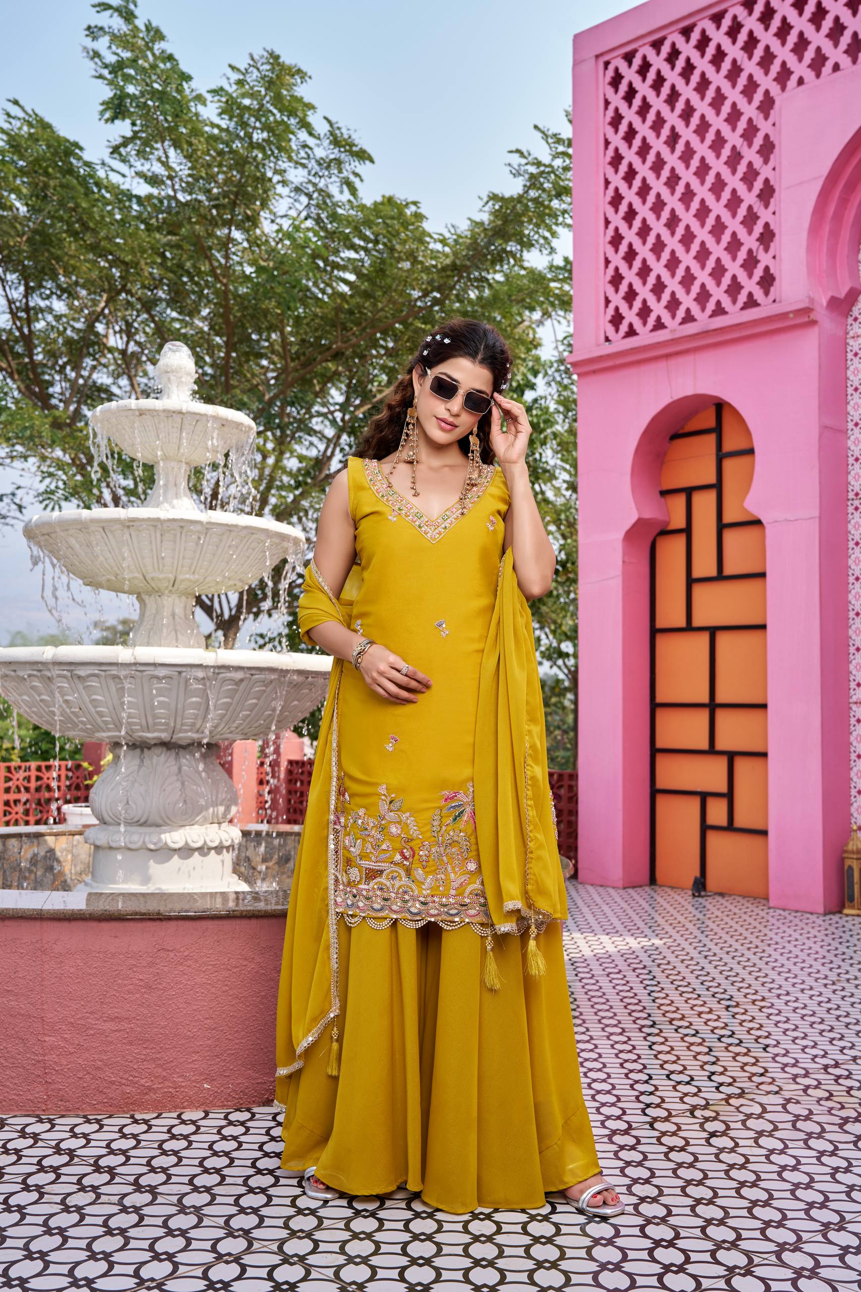 Haldi Special Yellow Designer Kurti Plazzo Set with Dupatta [3 PCS]