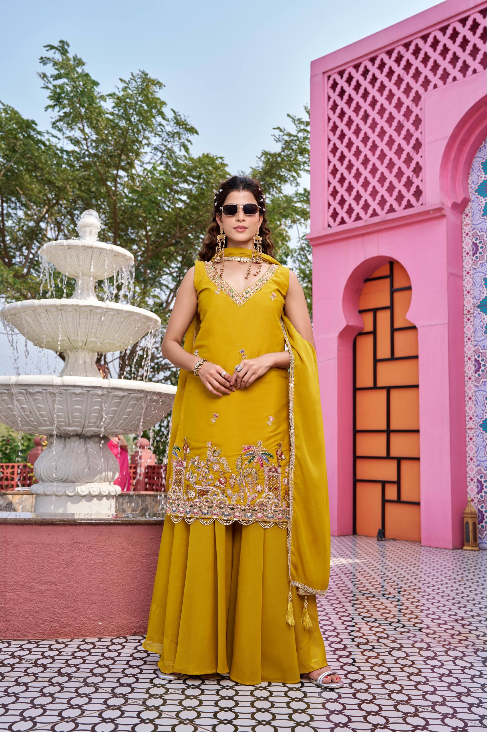 Haldi Special Yellow Designer Kurti Plazzo Set with Dupatta [3 PCS]