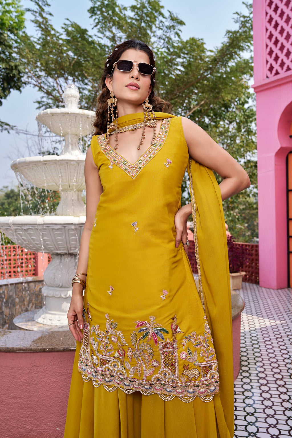 Haldi Special Yellow Designer Kurti Plazzo Set with Dupatta [3 PCS]