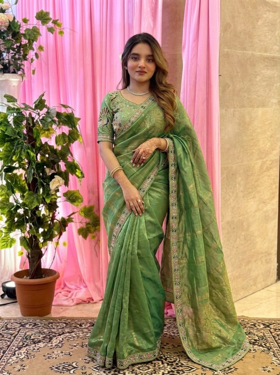 Green Beads Work Fendy Silk Saree with Blouse