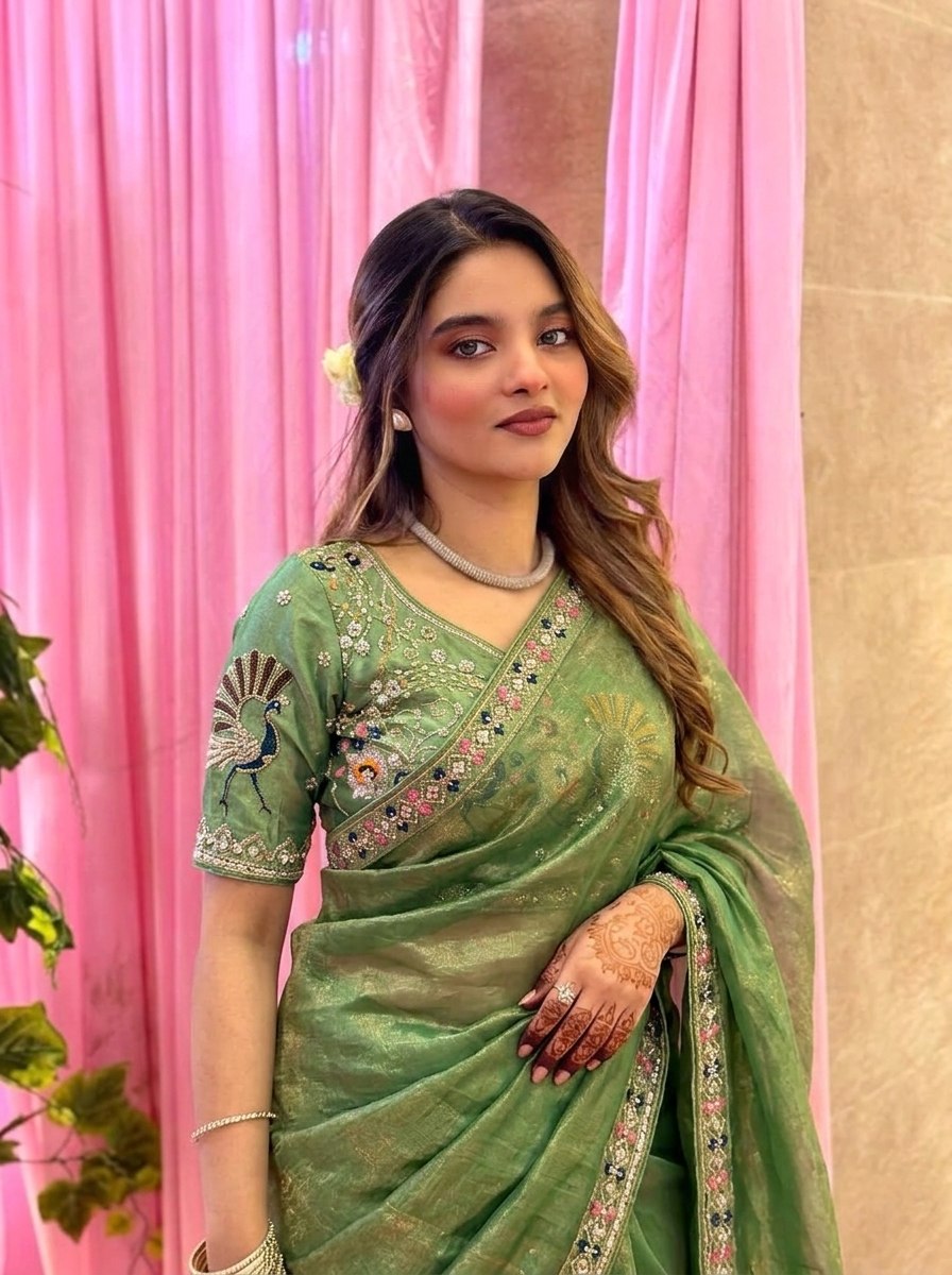 Green Beads Work Fendy Silk Saree with Blouse