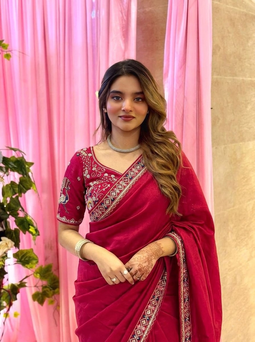 Pink Beads Work Fendy Silk Saree with Blouse