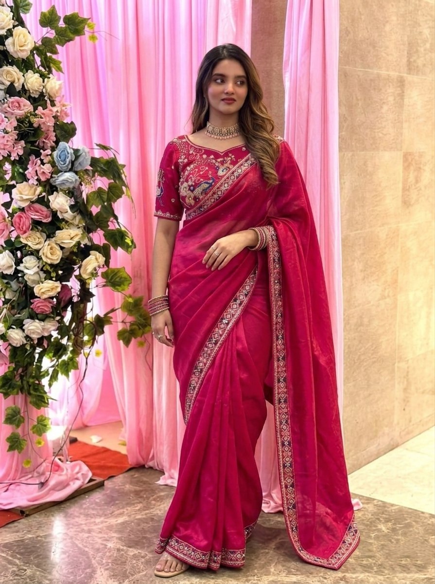 Pink Beads Work Fendy Silk Saree with Blouse