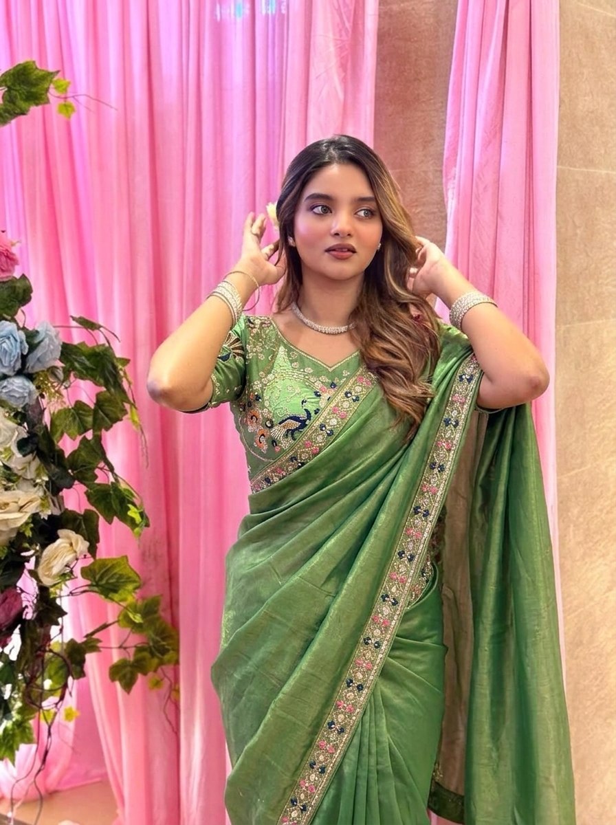 Green Beads Work Fendy Silk Saree with Blouse