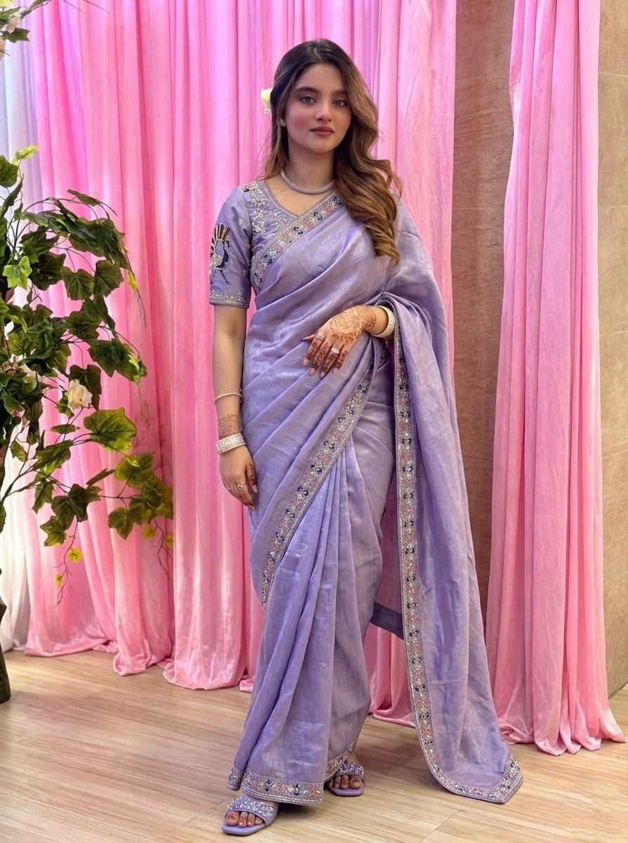 Lavender Beads Work Fendy Silk Saree with Blouse