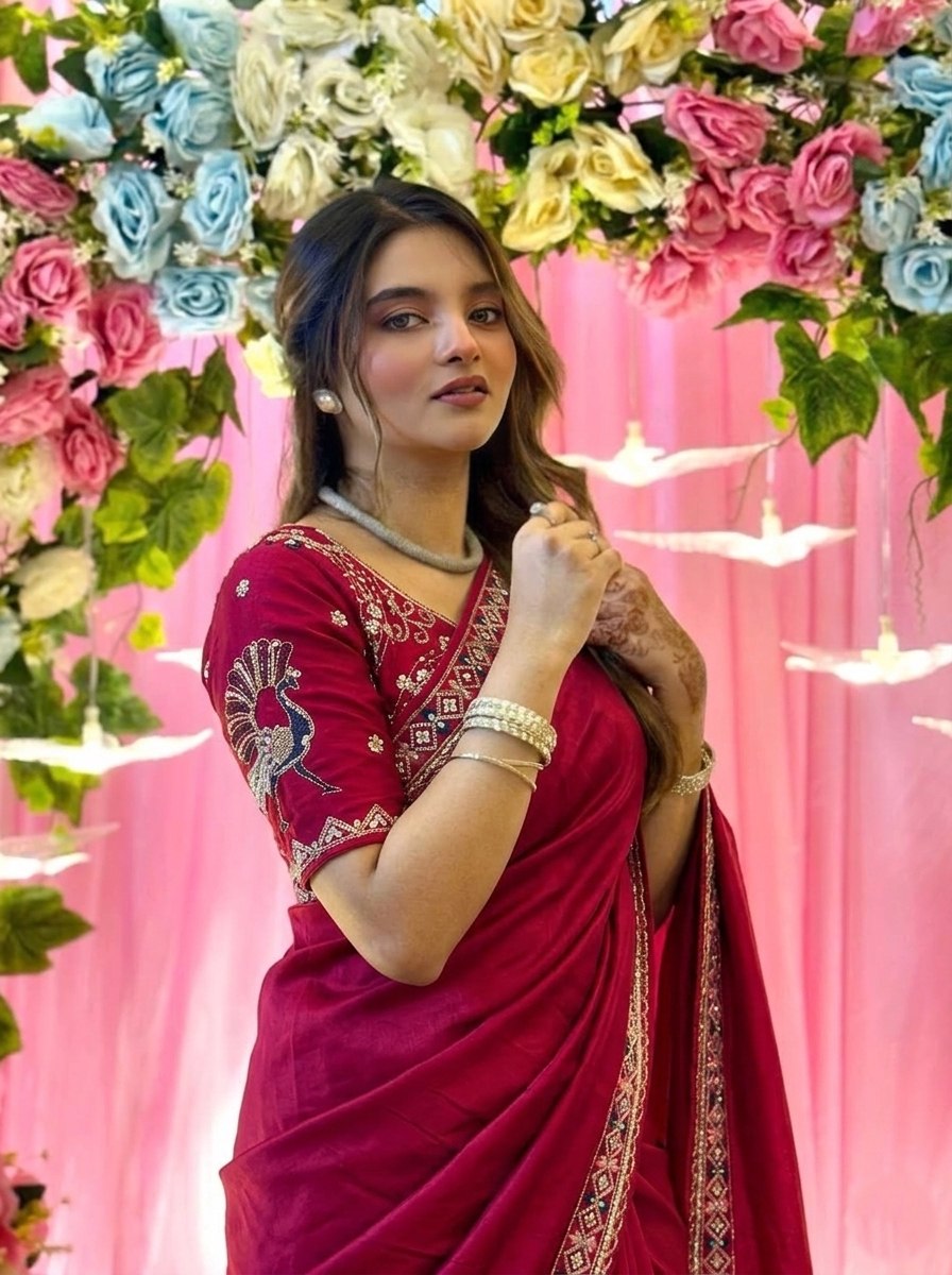 Pink Beads Work Fendy Silk Saree with Blouse