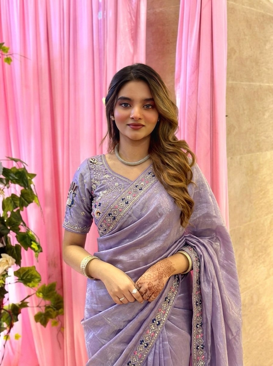 Lavender Beads Work Fendy Silk Saree with Blouse