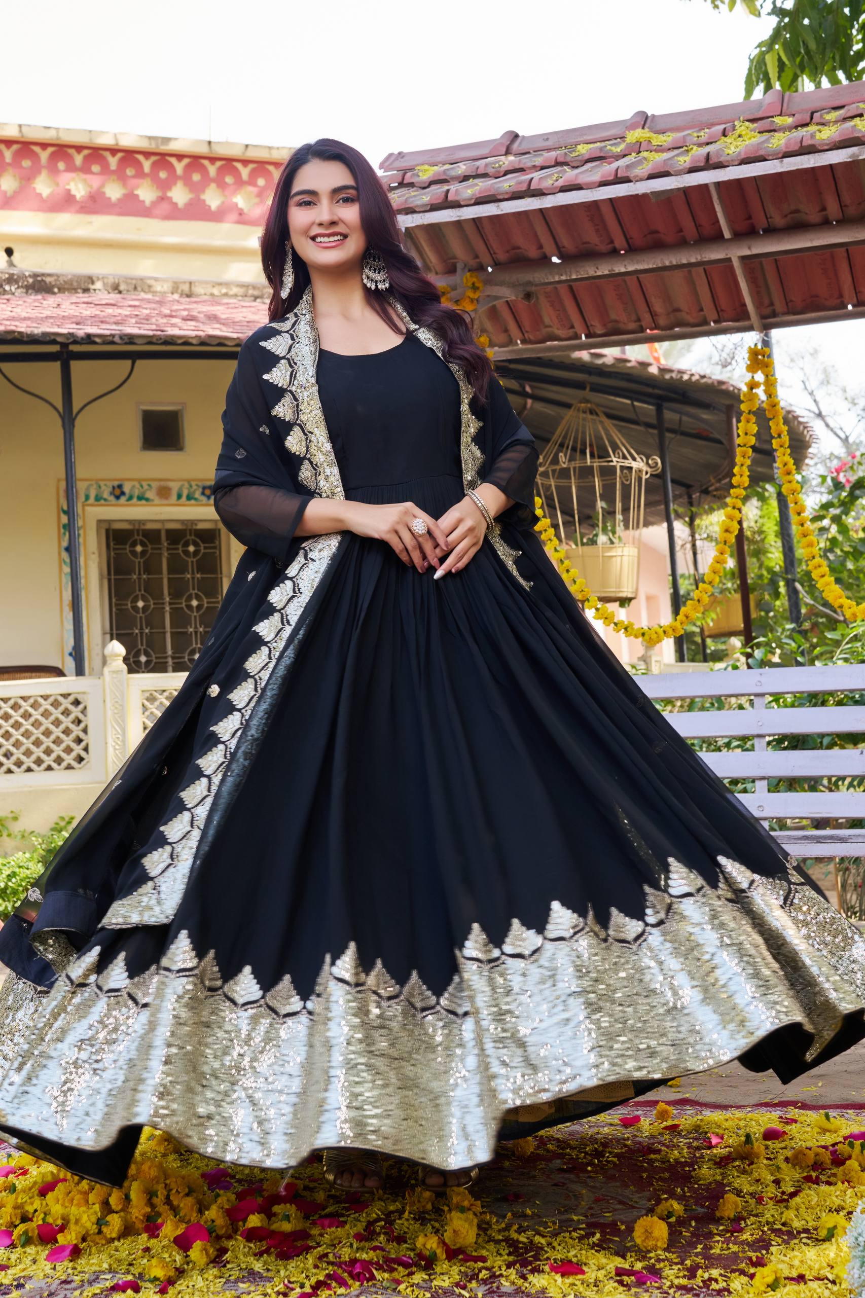 Black Georgette Embroidered Festival Gown Set with Dupatta [2 PCS]