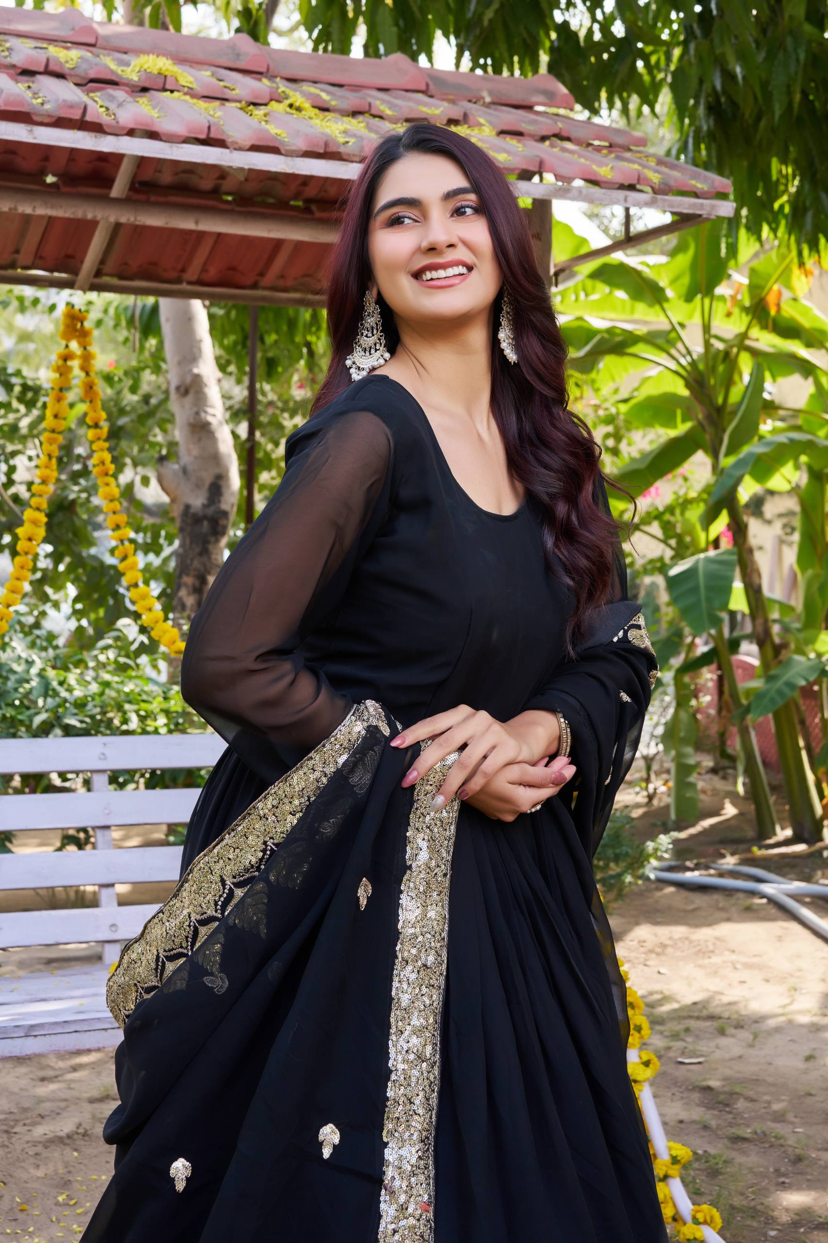 Black Georgette Embroidered Festival Gown Set with Dupatta [2 PCS]