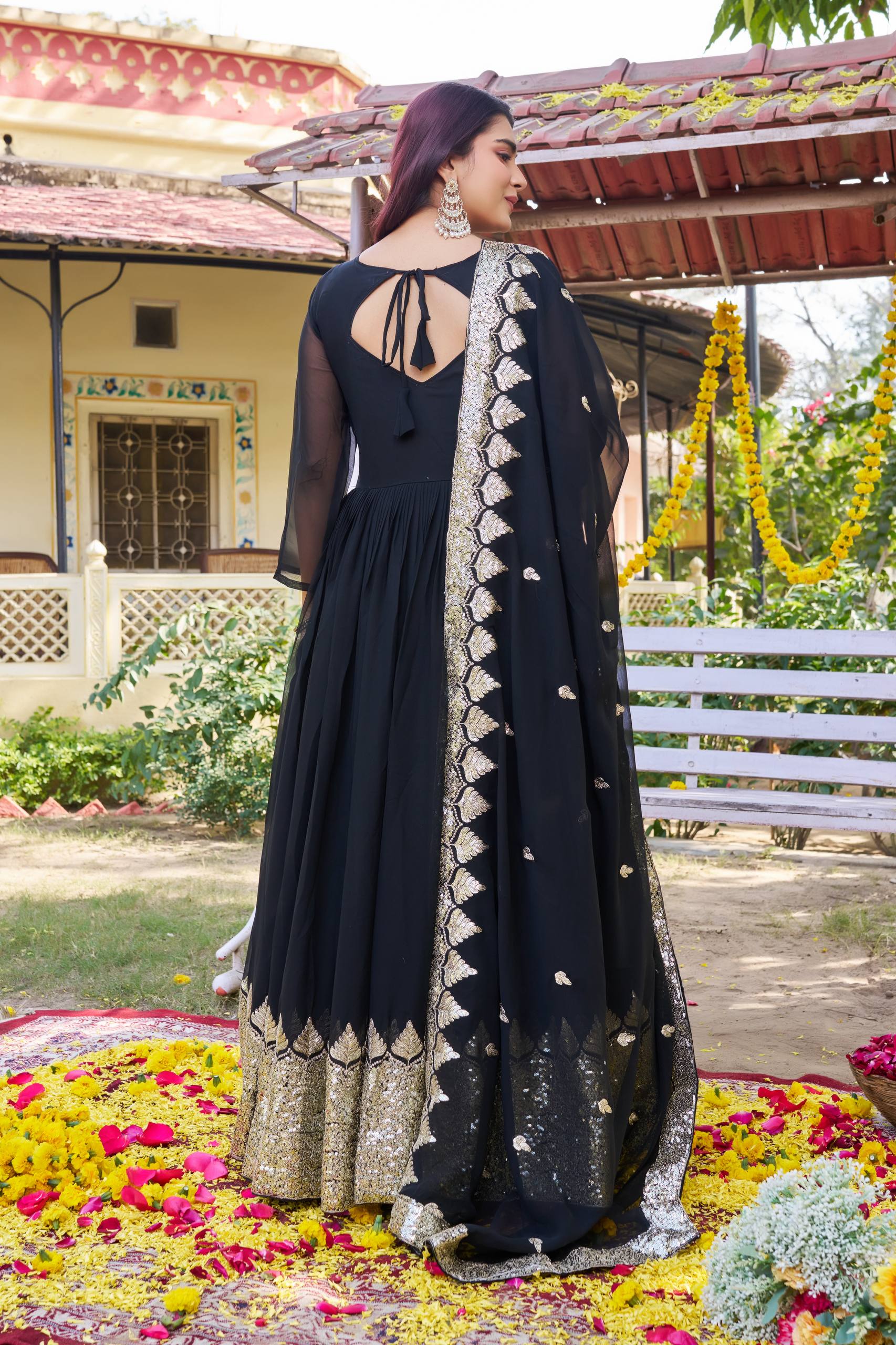 Black Georgette Embroidered Festival Gown Set with Dupatta [2 PCS]