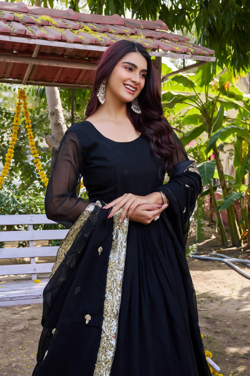 Black Georgette Embroidered Festival Gown Set with Dupatta [2 PCS]