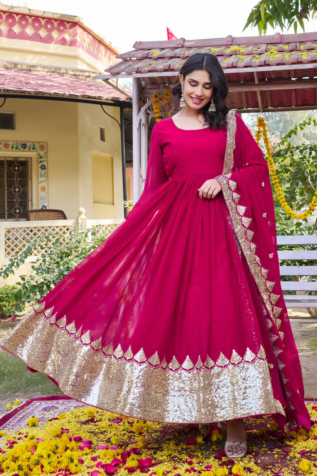 Rani Pink Georgette Embroidered Festival Gown Set with Dupatta [2 PCS]