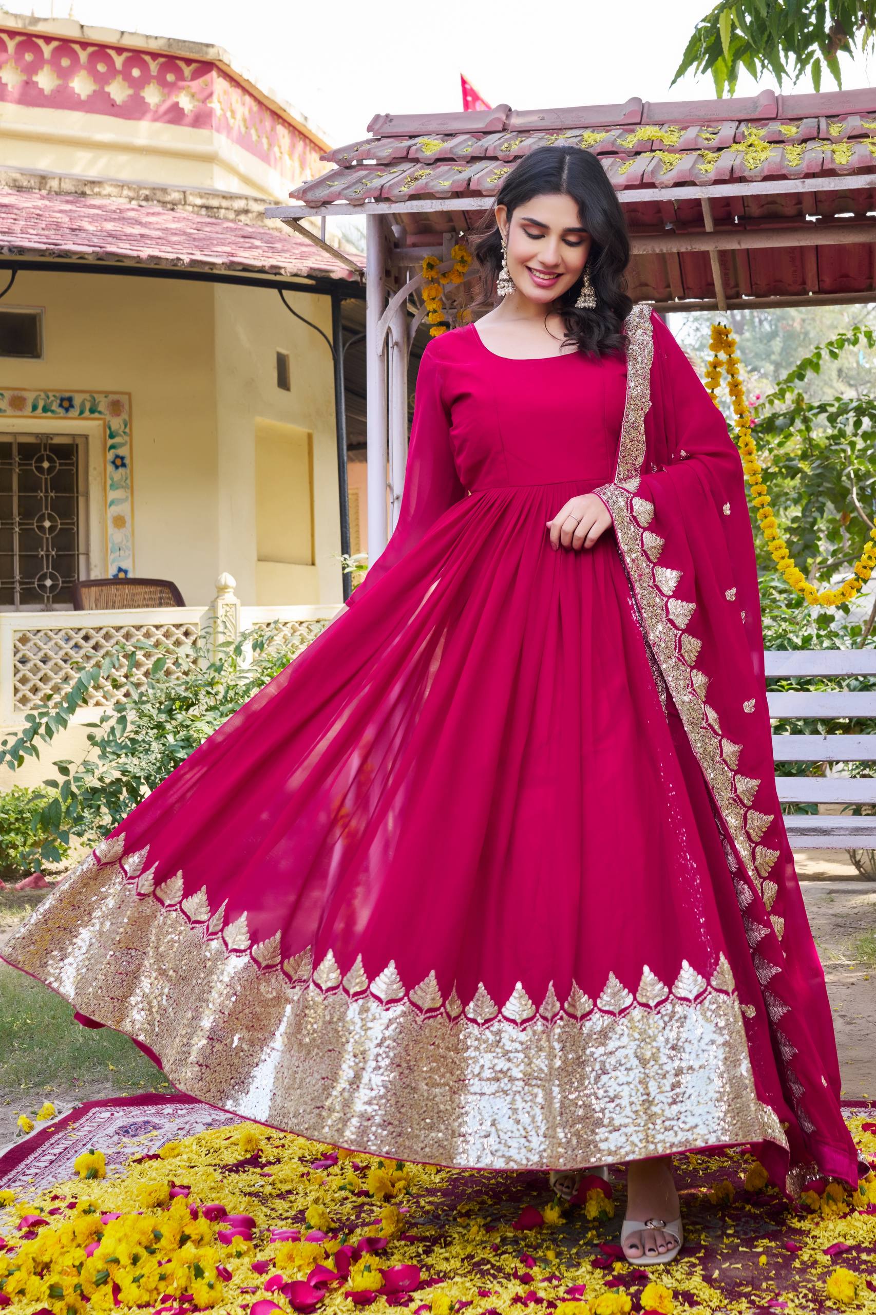 Rani Pink Georgette Embroidered Festival Gown Set with Dupatta [2 PCS]
