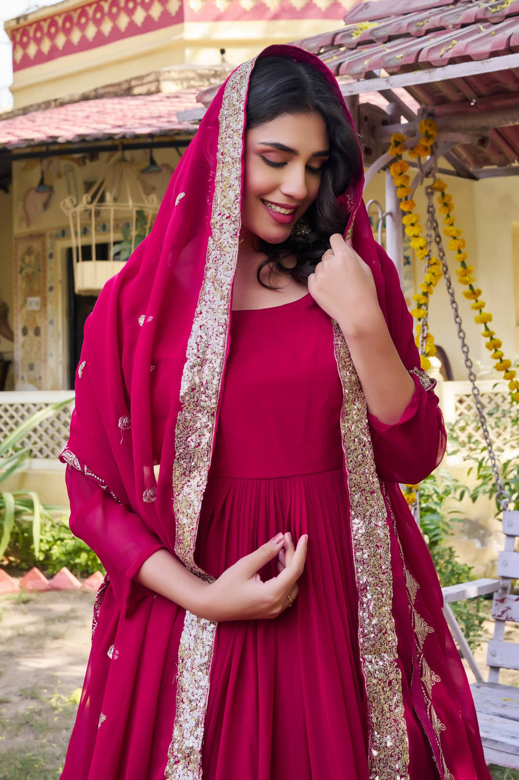 Rani Pink Georgette Embroidered Festival Gown Set with Dupatta [2 PCS]
