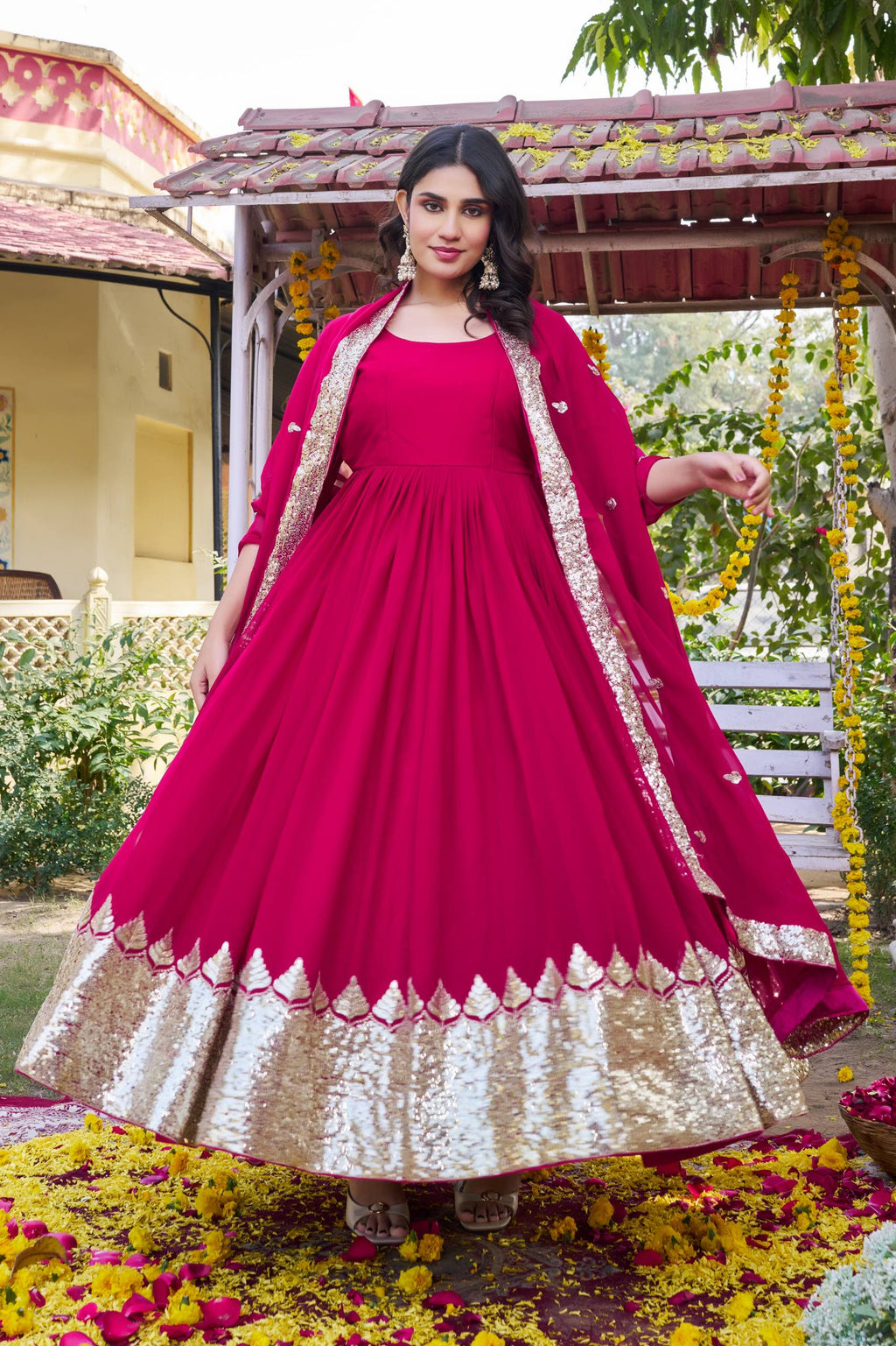Rani Pink Georgette Embroidered Festival Gown Set with Dupatta [2 PCS]