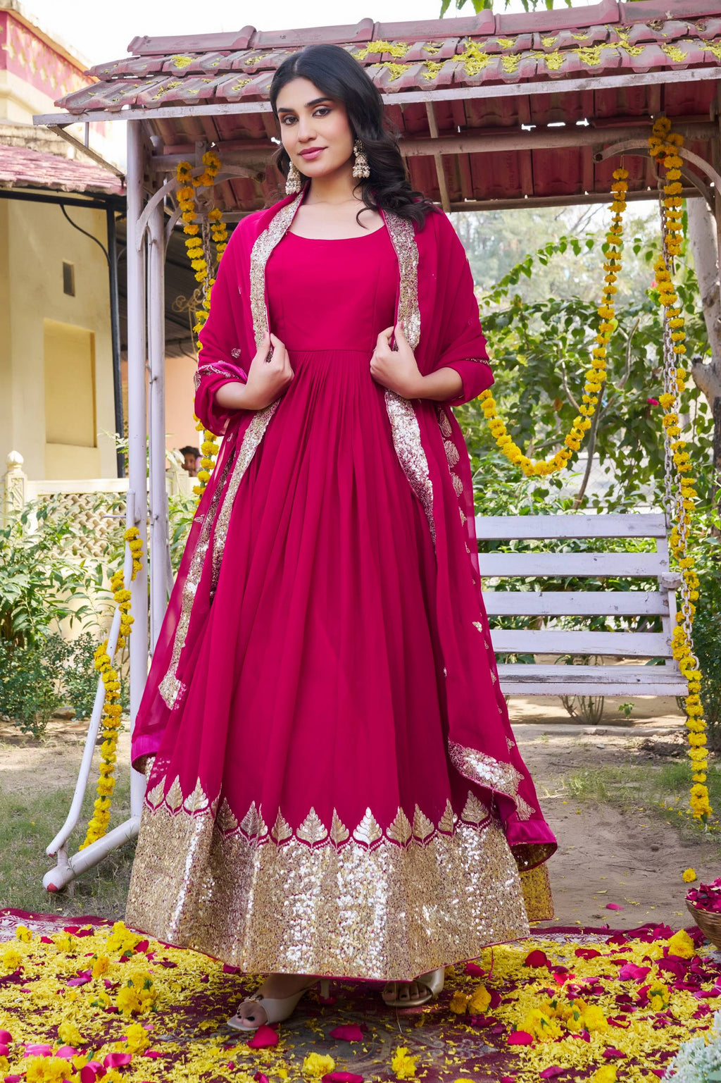 Rani Pink Georgette Embroidered Festival Gown Set with Dupatta [2 PCS]