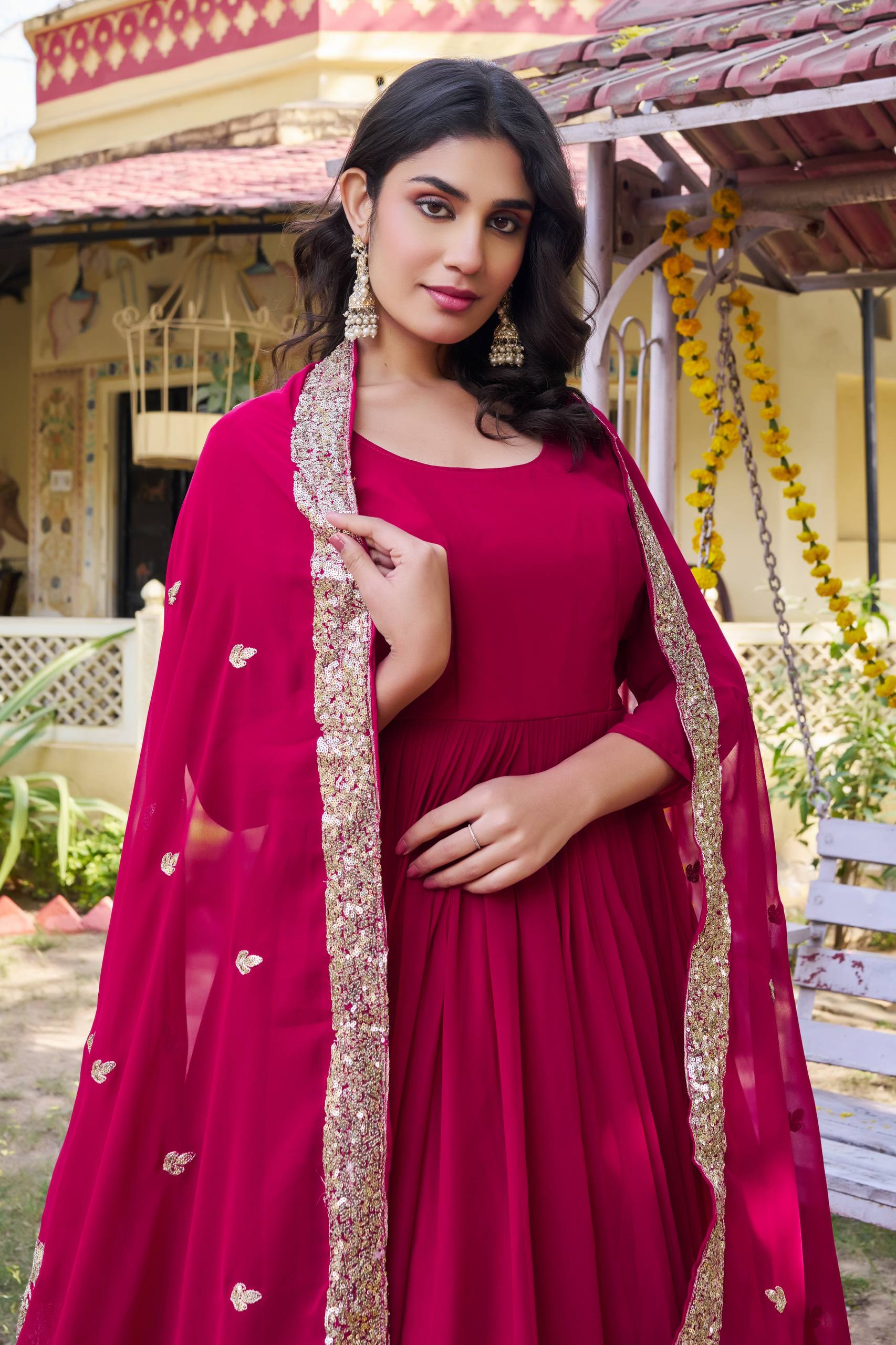 Rani Pink Georgette Embroidered Festival Gown Set with Dupatta [2 PCS]