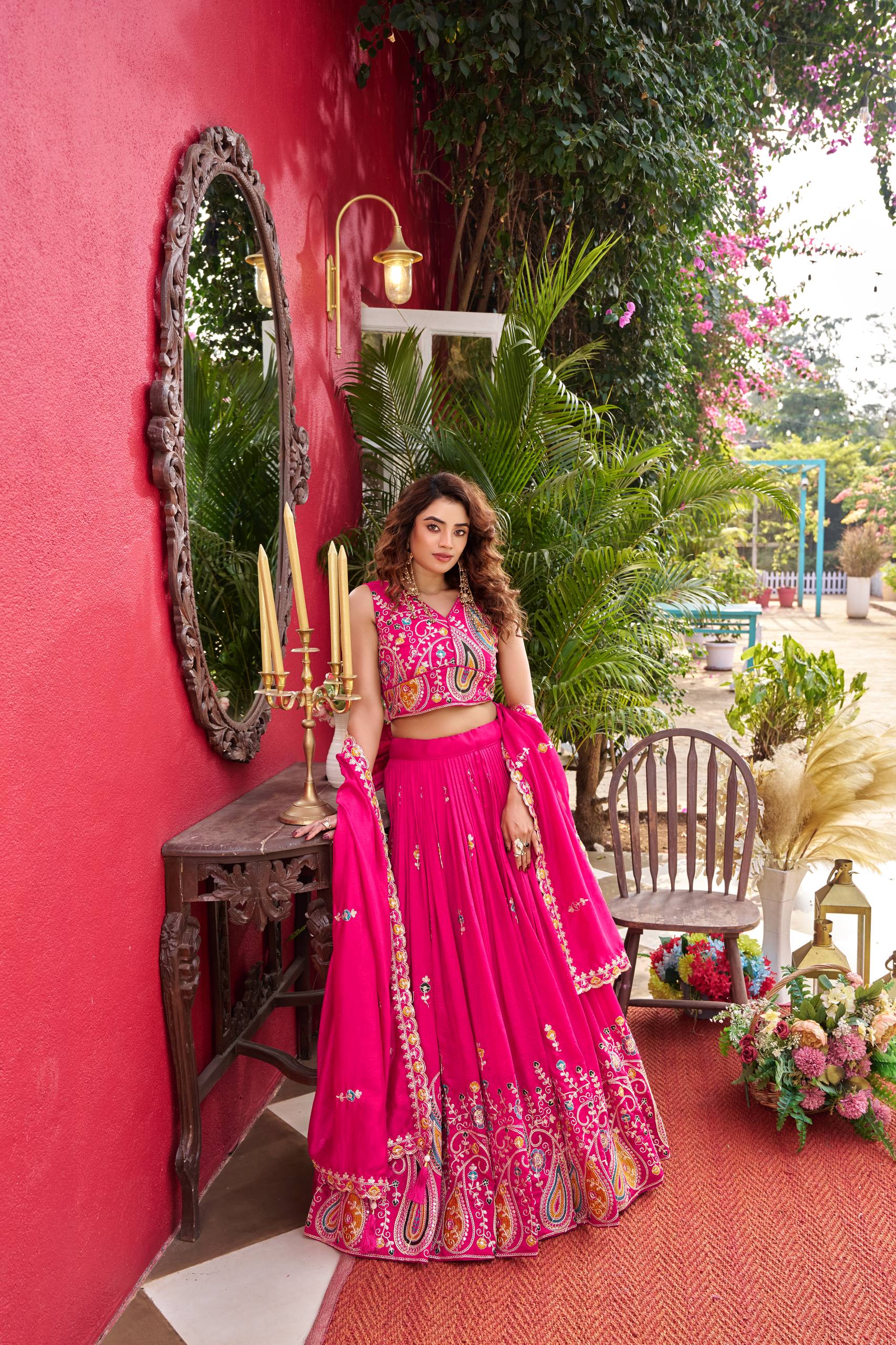 Pink Vichitra Wedding Lehenga Choli Set with Dupatta [3 PCS]