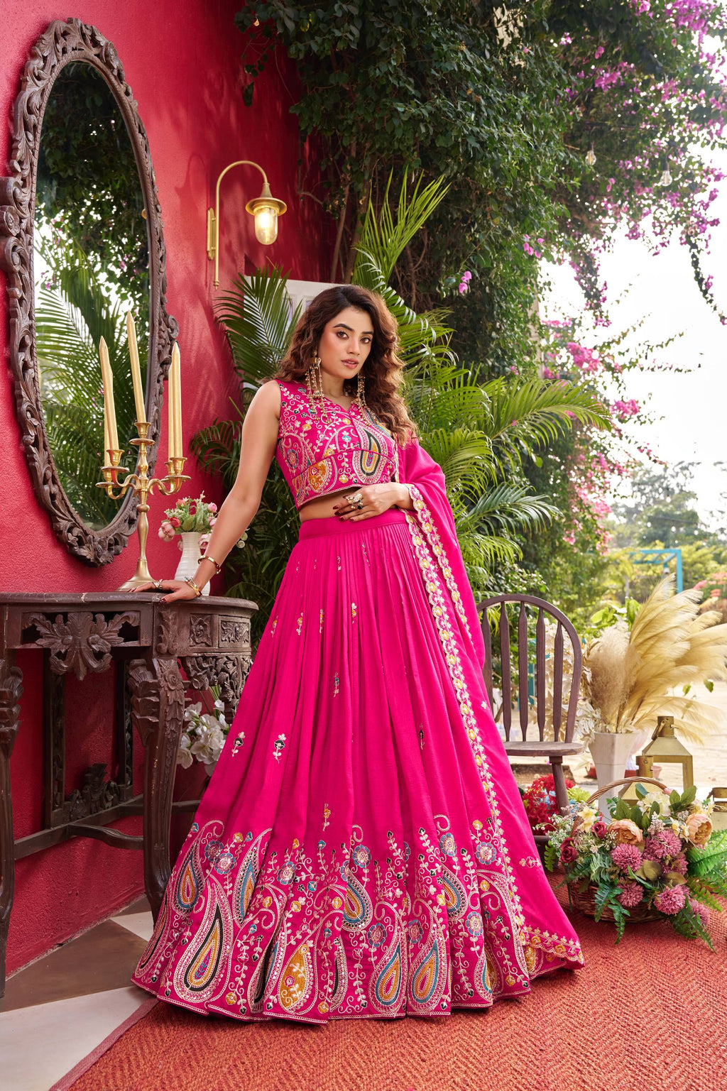 Pink Vichitra Wedding Lehenga Choli Set with Dupatta [3 PCS]