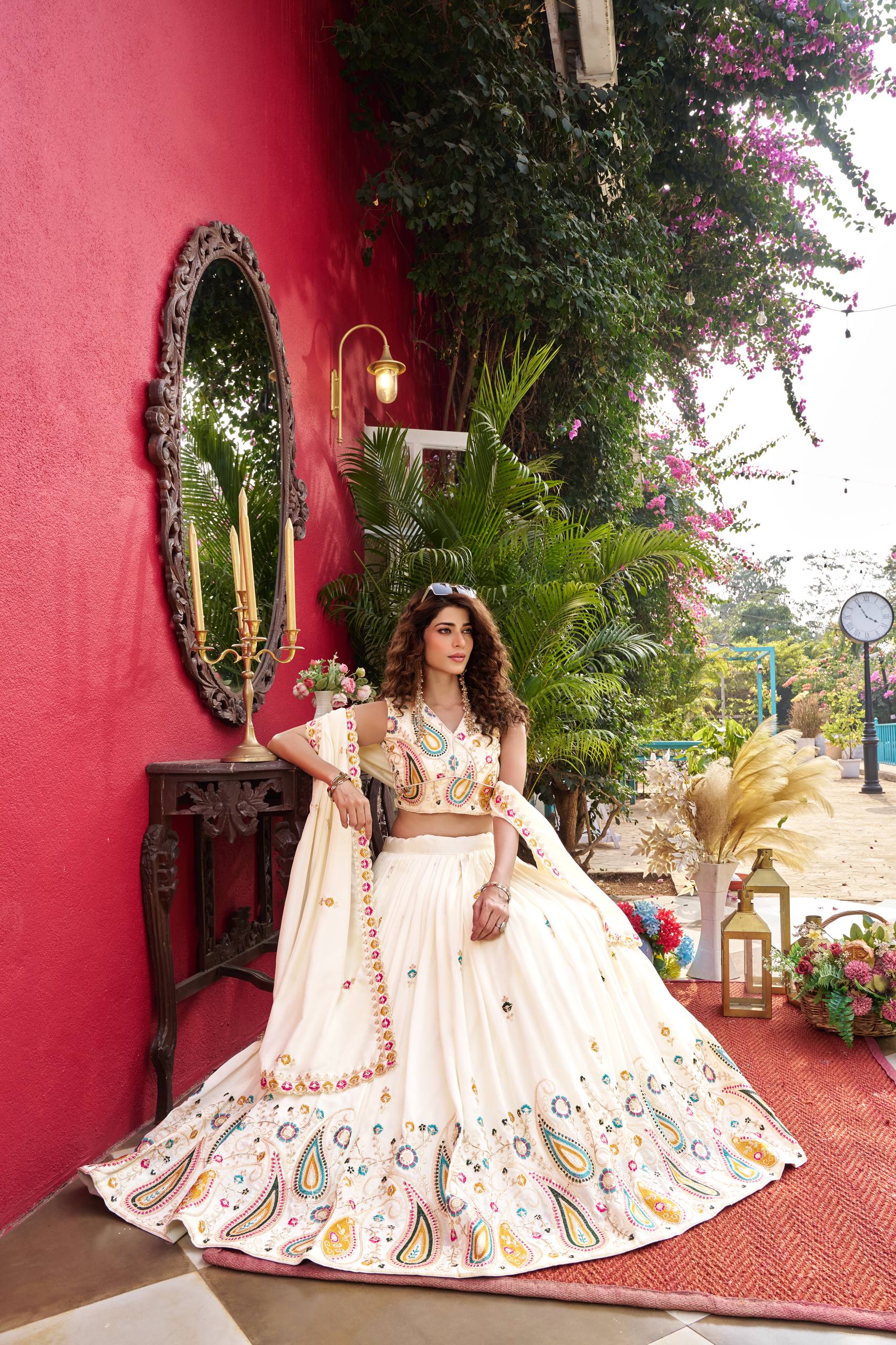 White Vichitra Wedding Lehenga Choli Set with Dupatta [3 PCS]