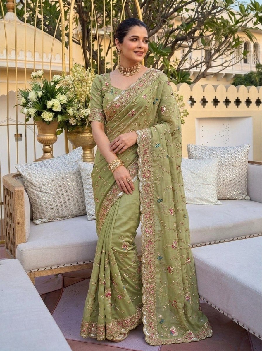 Palak Green Star Georgette Embroidery Saree with Blouse