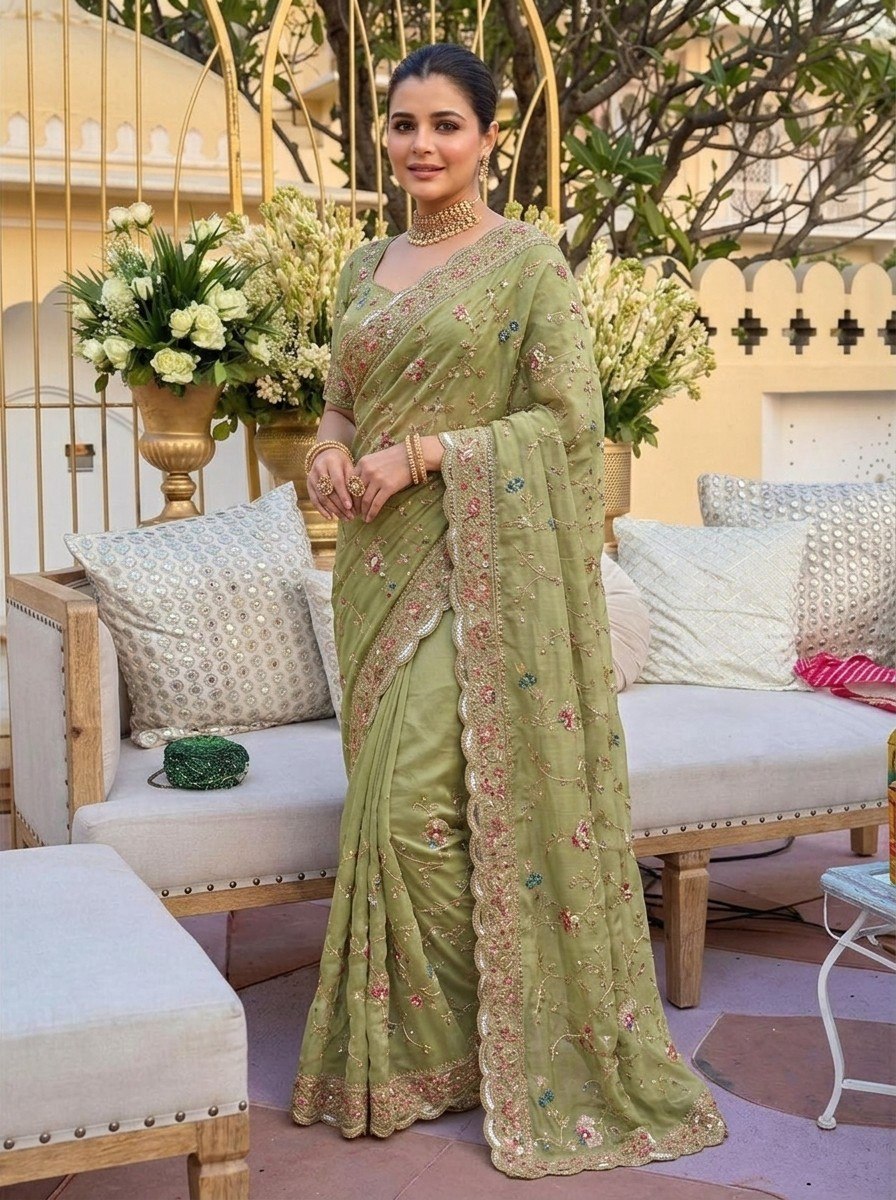 Palak Green Star Georgette Embroidery Saree with Blouse