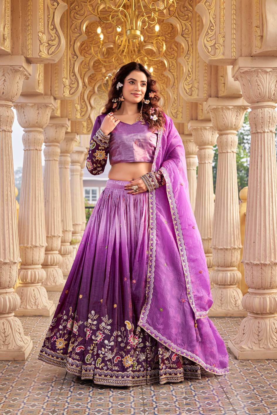 Royal Purple Gold Crush Festival Lehenga Choli Set with Dupatta [3 PCS]