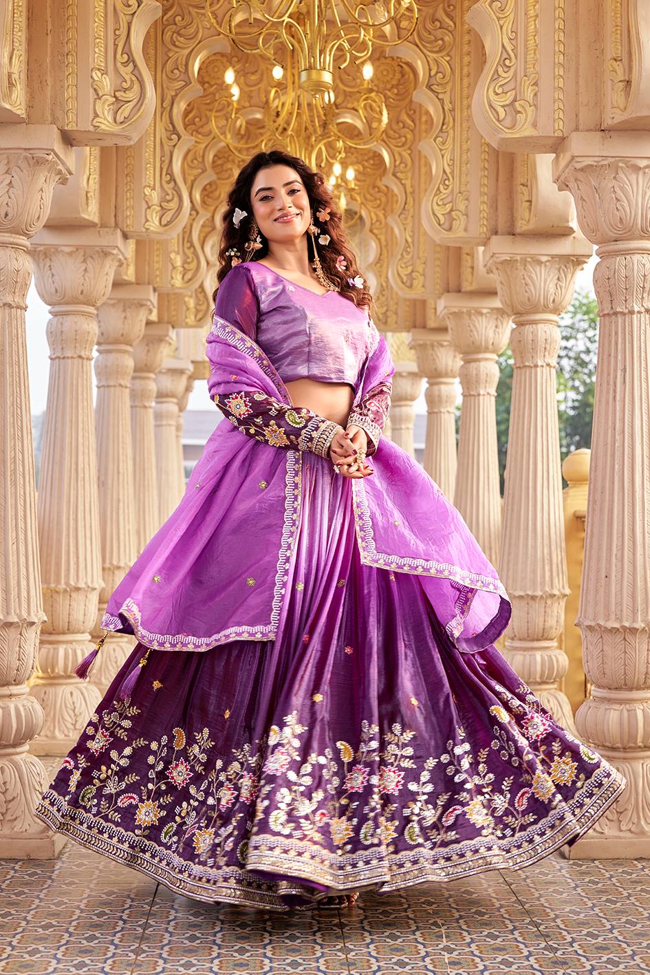 Royal Purple Gold Crush Festival Lehenga Choli Set with Dupatta [3 PCS]
