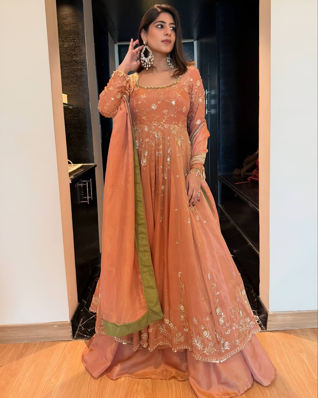 Pink Sequins Zari Embroidered Anarkali Lehenga Set [3 PCS]