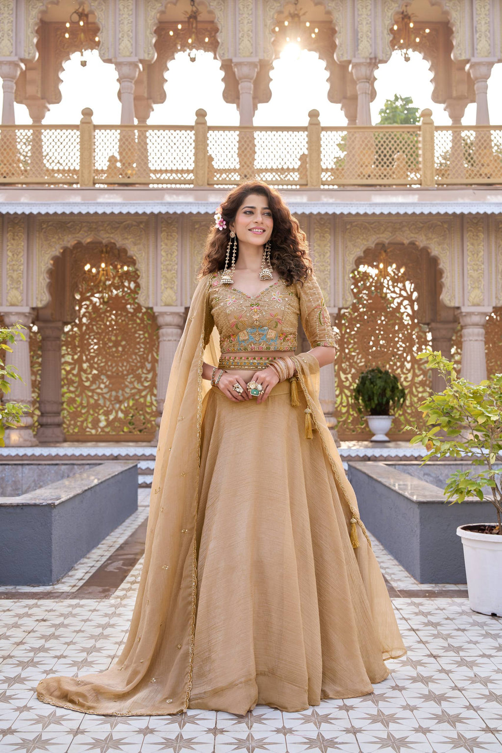 Gold Crunchy Wedding Lehenga Choli Set with Dupatta [3 PCS]
