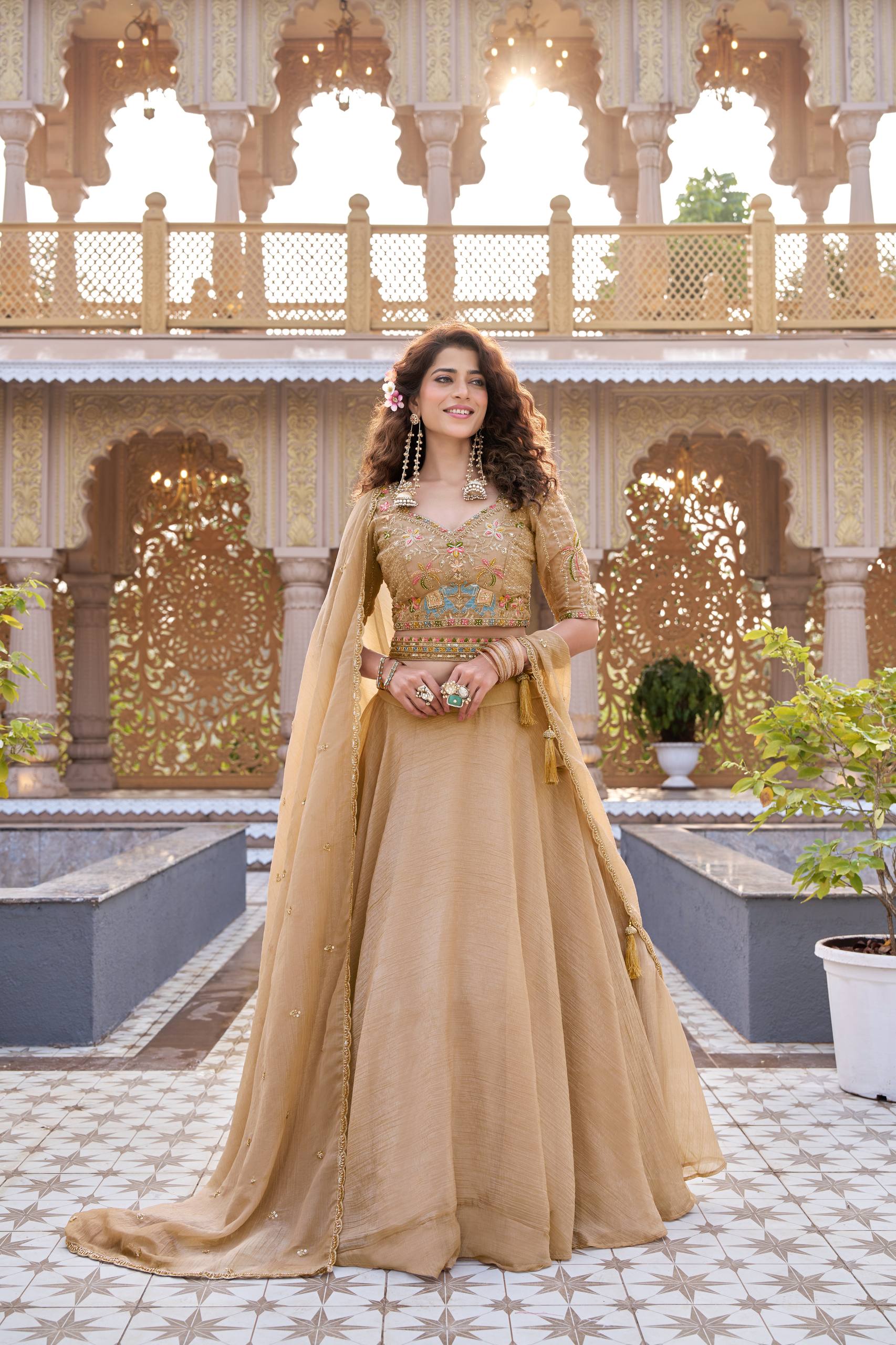 Gold Crunchy Wedding Lehenga Choli Set with Dupatta [3 PCS]