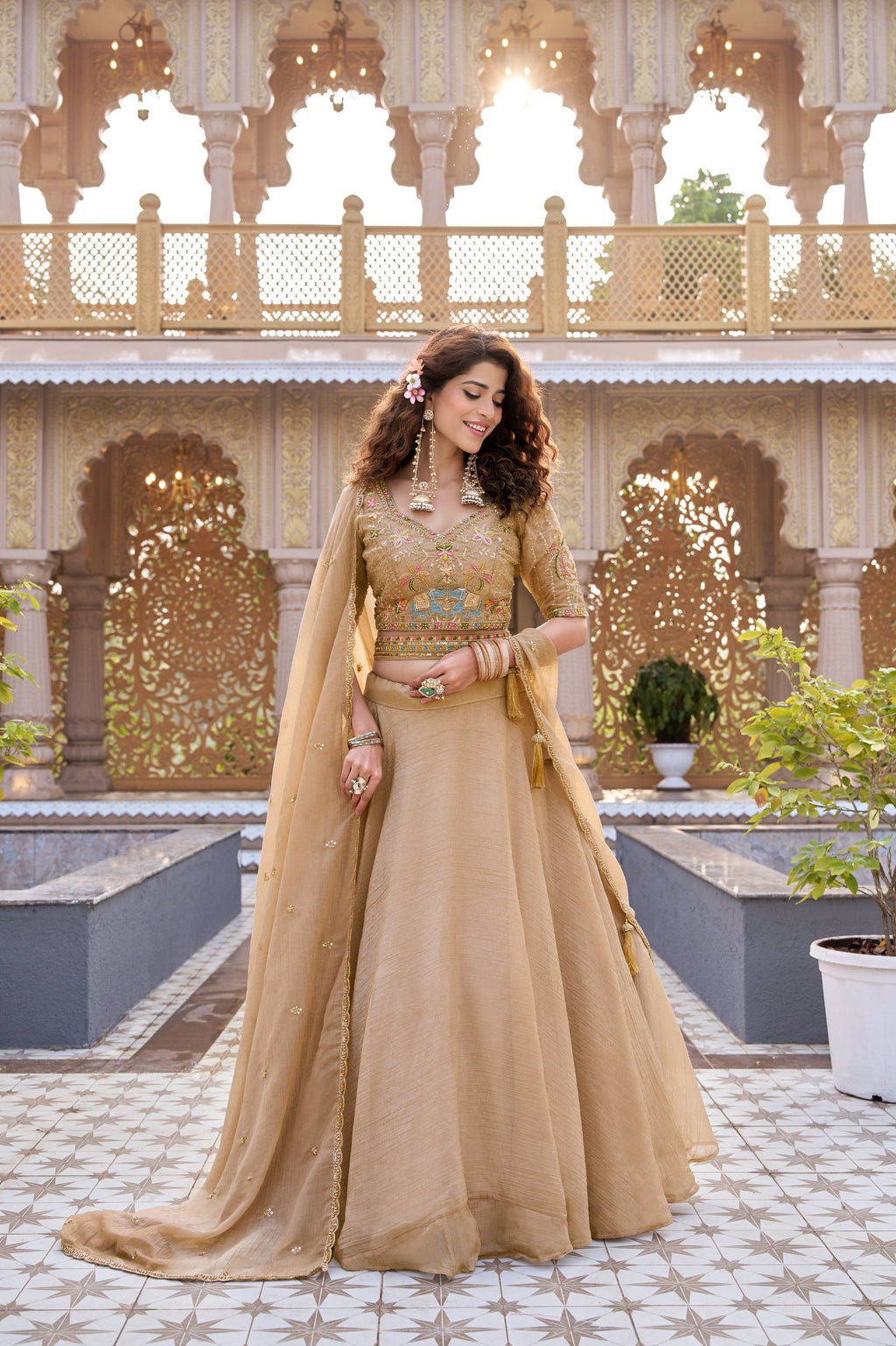 Gold Crunchy Wedding Lehenga Choli Set with Dupatta [3 PCS]