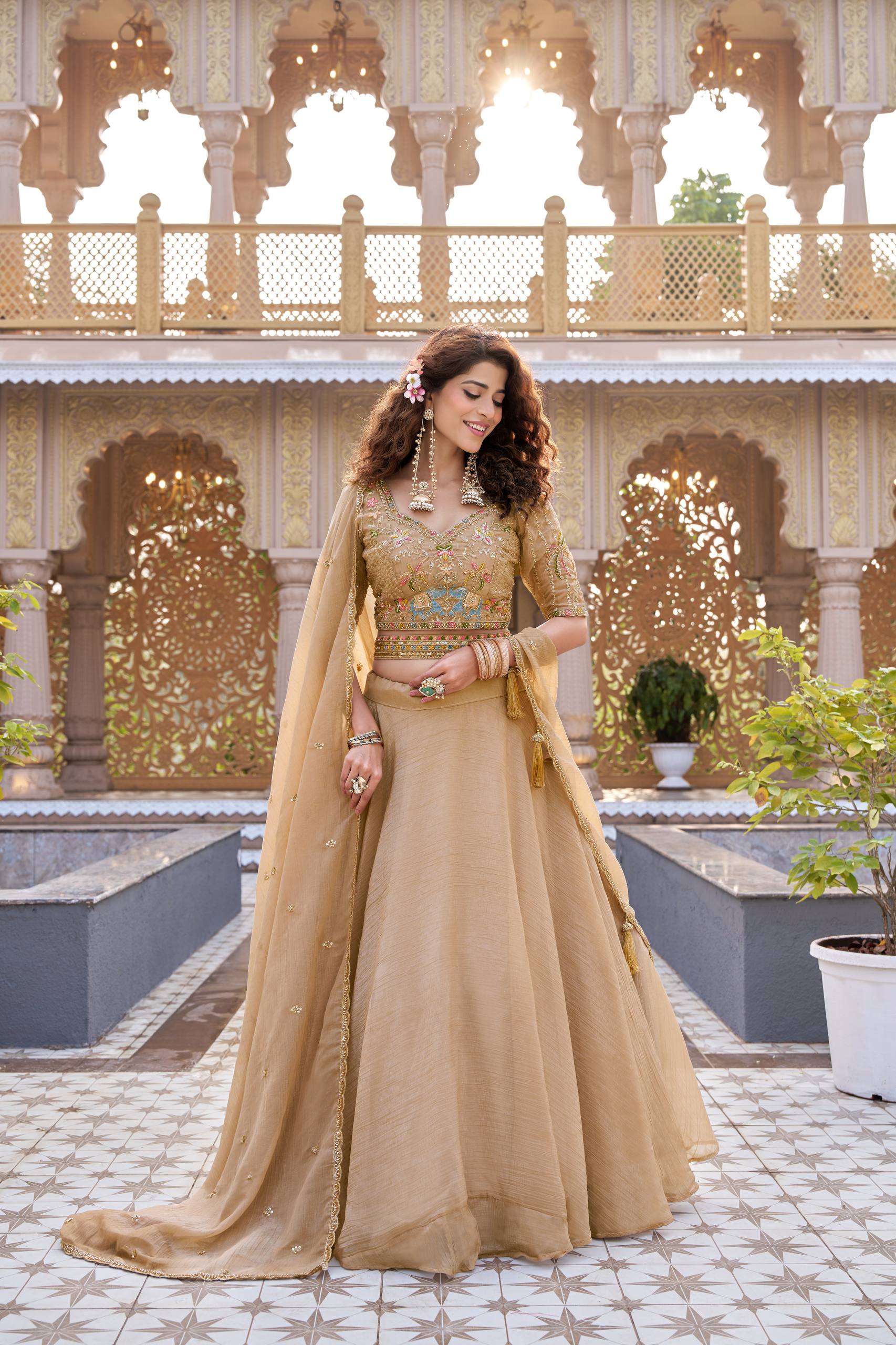 Gold Crunchy Wedding Lehenga Choli Set with Dupatta [3 PCS]