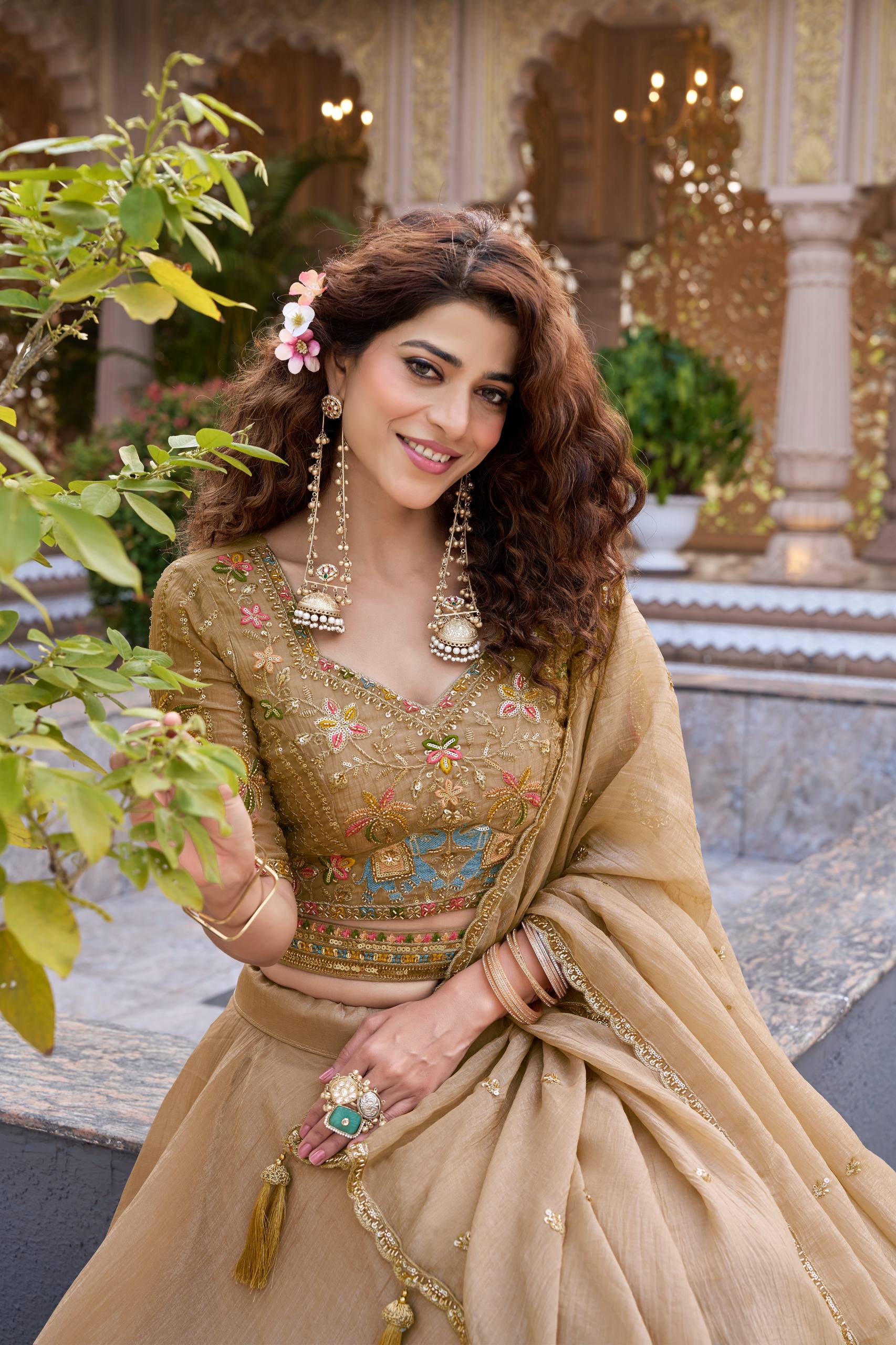 Gold Crunchy Wedding Lehenga Choli Set with Dupatta [3 PCS]