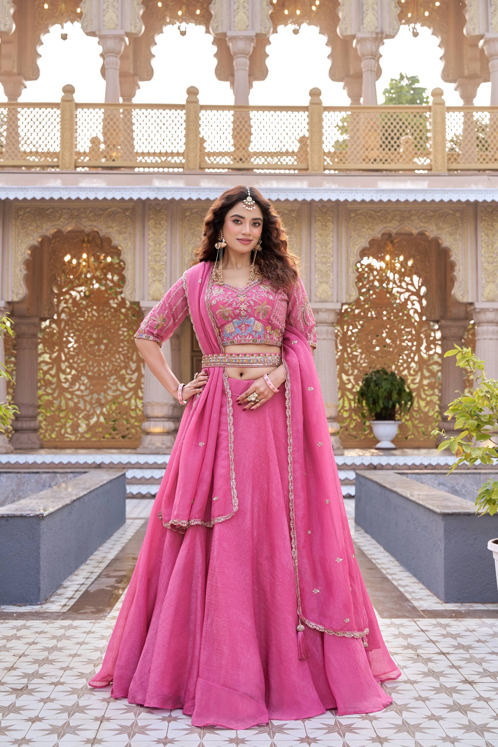 Pink Crunchy Wedding Lehenga Choli Set with Dupatta [3 PCS]