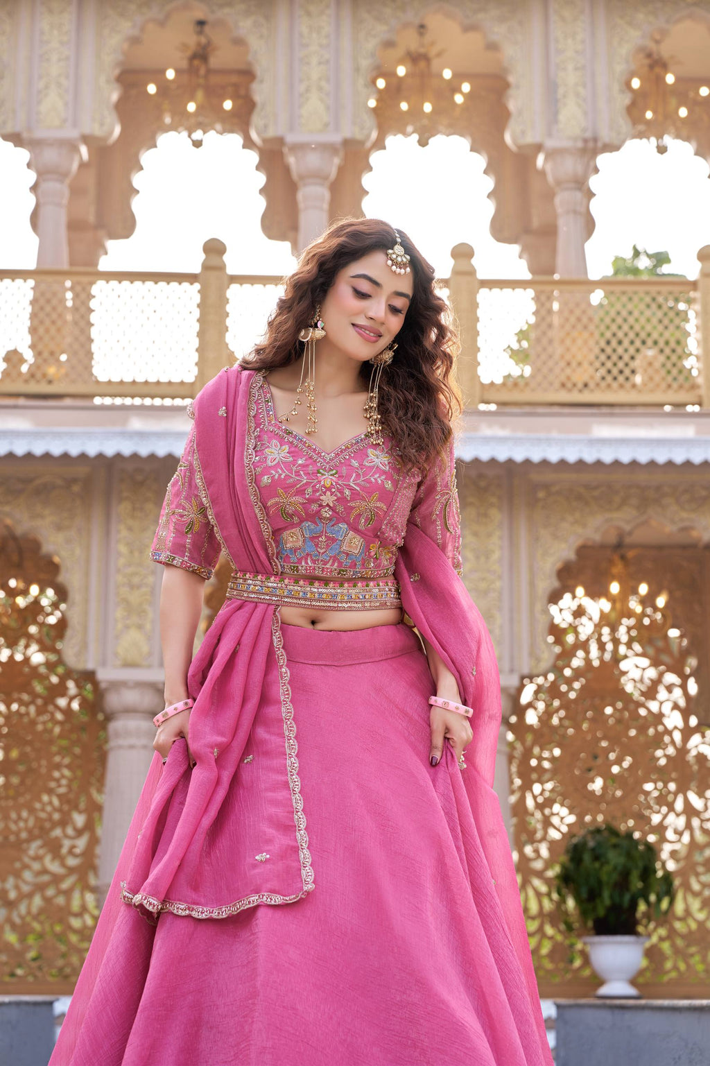 Pink Crunchy Wedding Lehenga Choli Set with Dupatta [3 PCS]