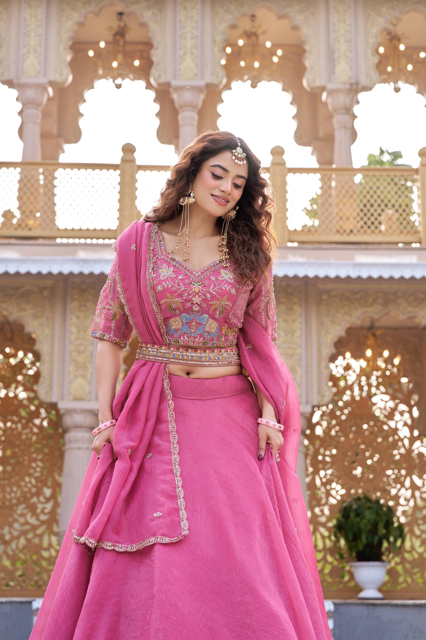Pink Crunchy Wedding Lehenga Choli Set with Dupatta [3 PCS]