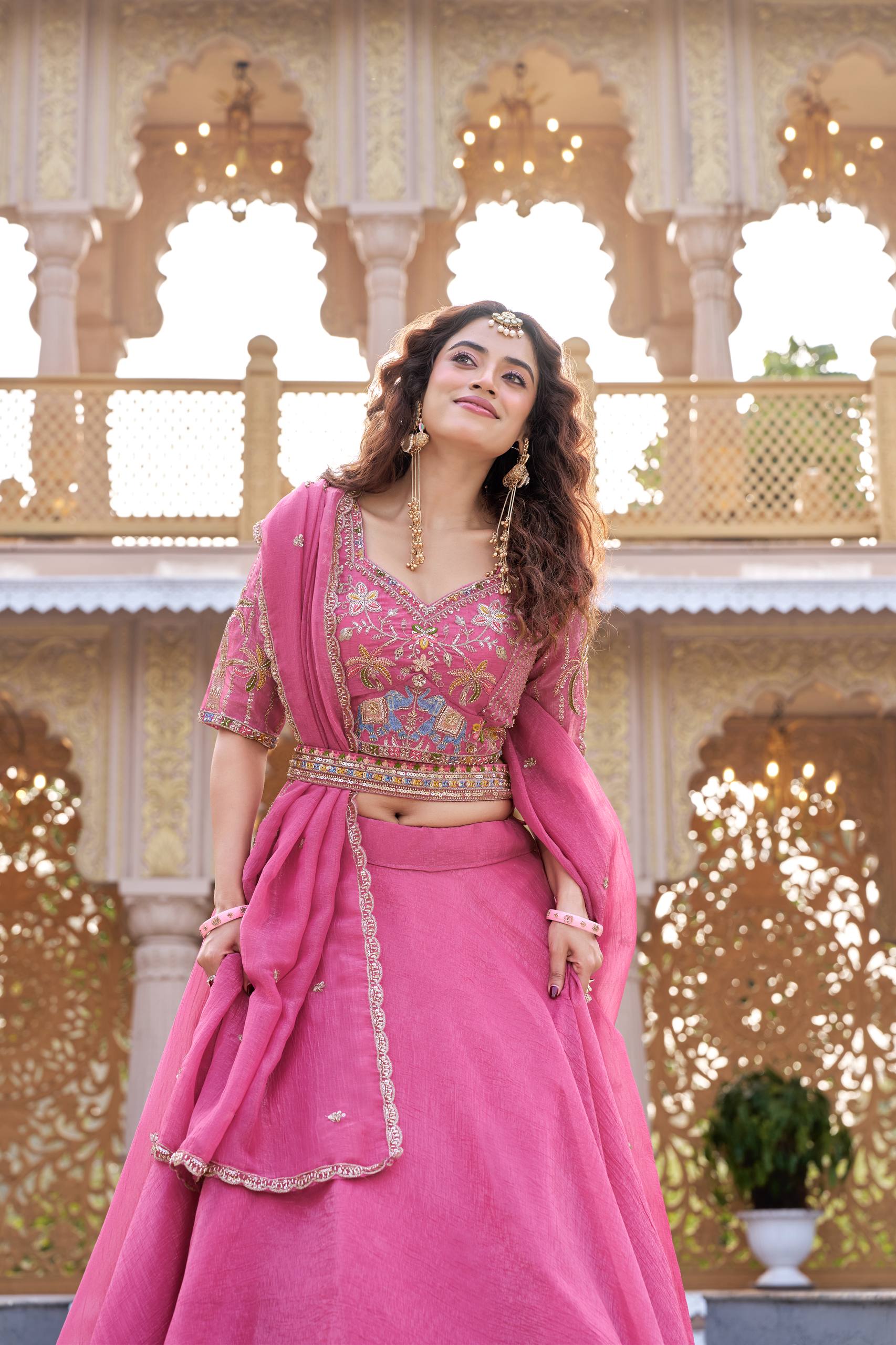 Pink Crunchy Wedding Lehenga Choli Set with Dupatta [3 PCS]