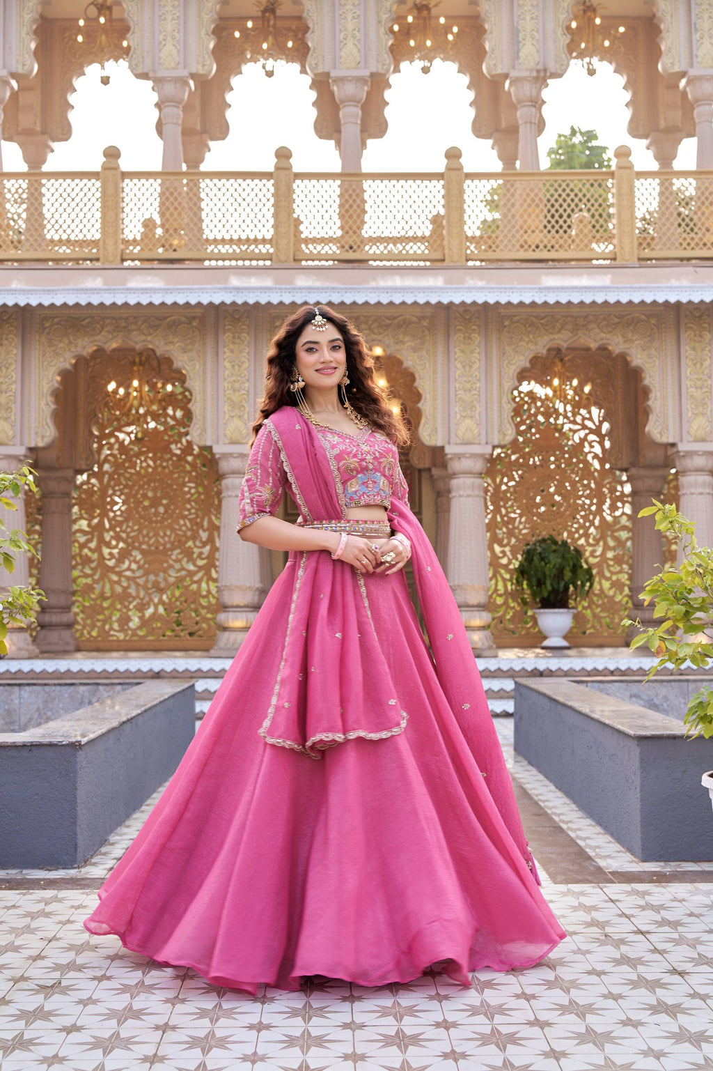 Pink Crunchy Wedding Lehenga Choli Set with Dupatta [3 PCS]