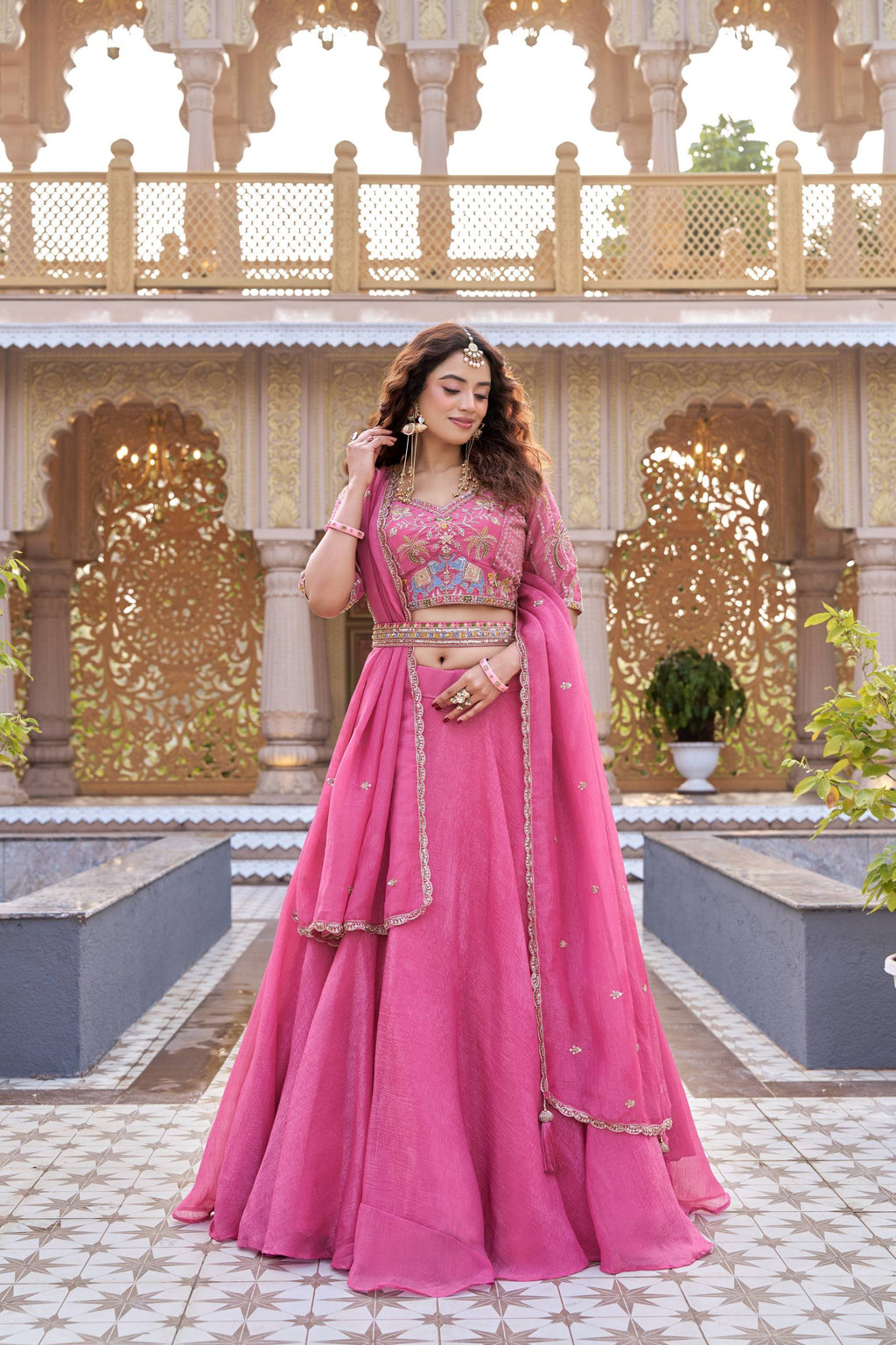 Pink Crunchy Wedding Lehenga Choli Set with Dupatta [3 PCS]