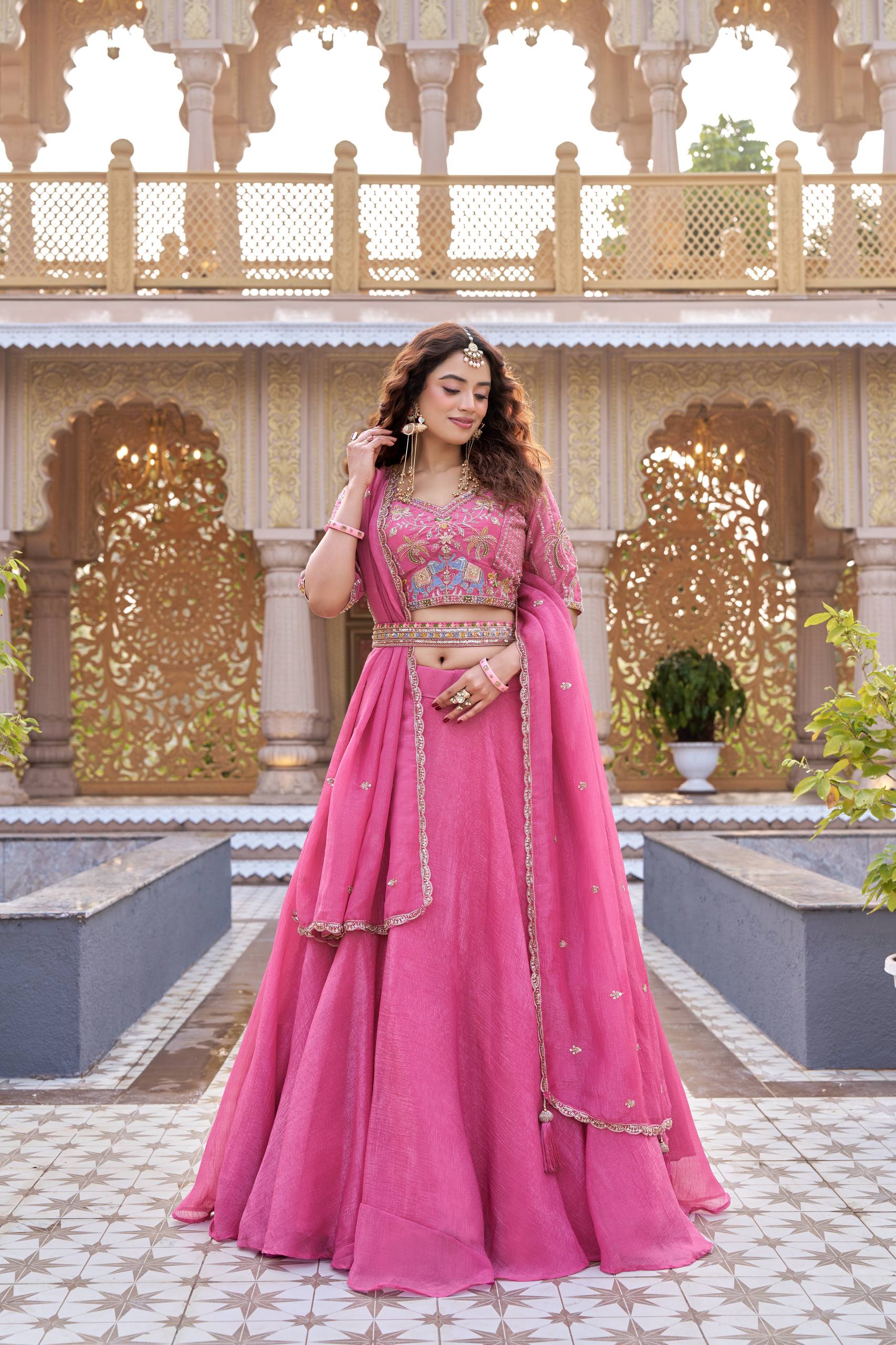 Pink Crunchy Wedding Lehenga Choli Set with Dupatta [3 PCS]